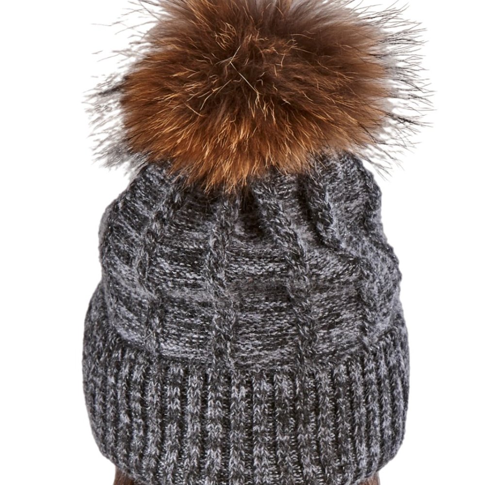 Grey Knitted Beanie Hat with Fur Pompom